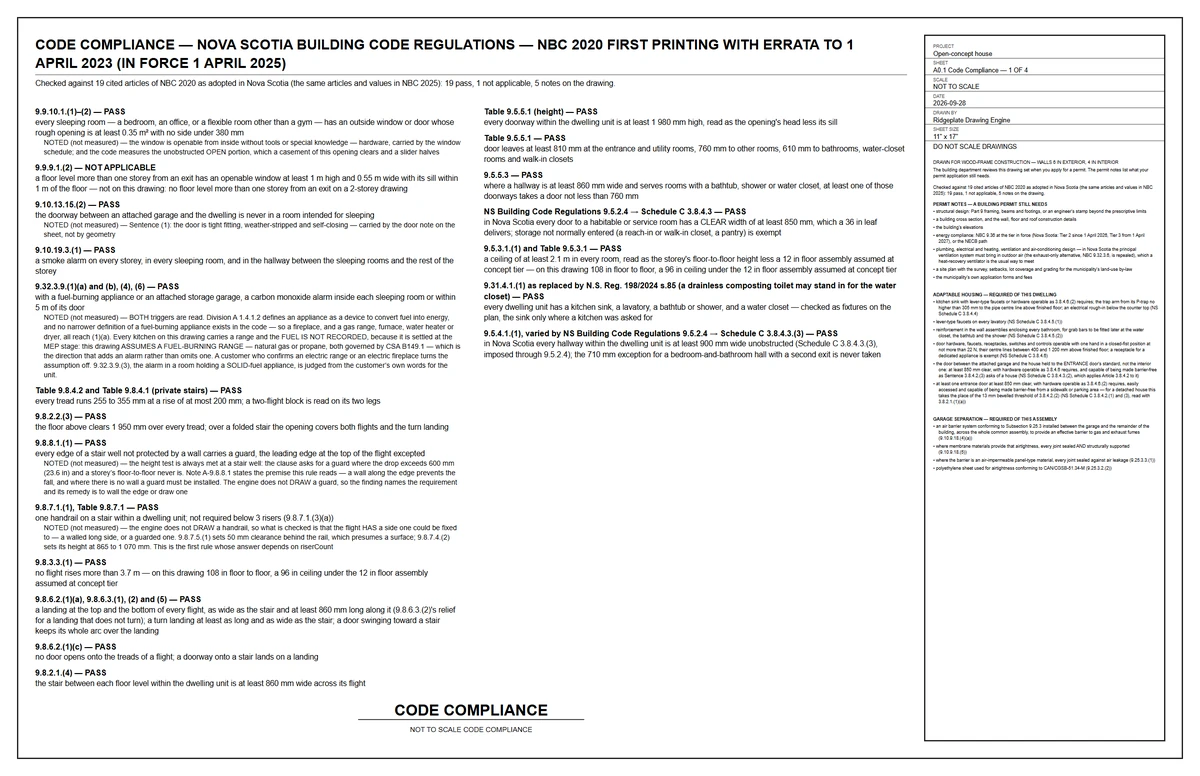 Code Compliance sheet of a 40 by 34 ft two-floor house in Nova Scotia, listing each NBC 2020 article checked and its result