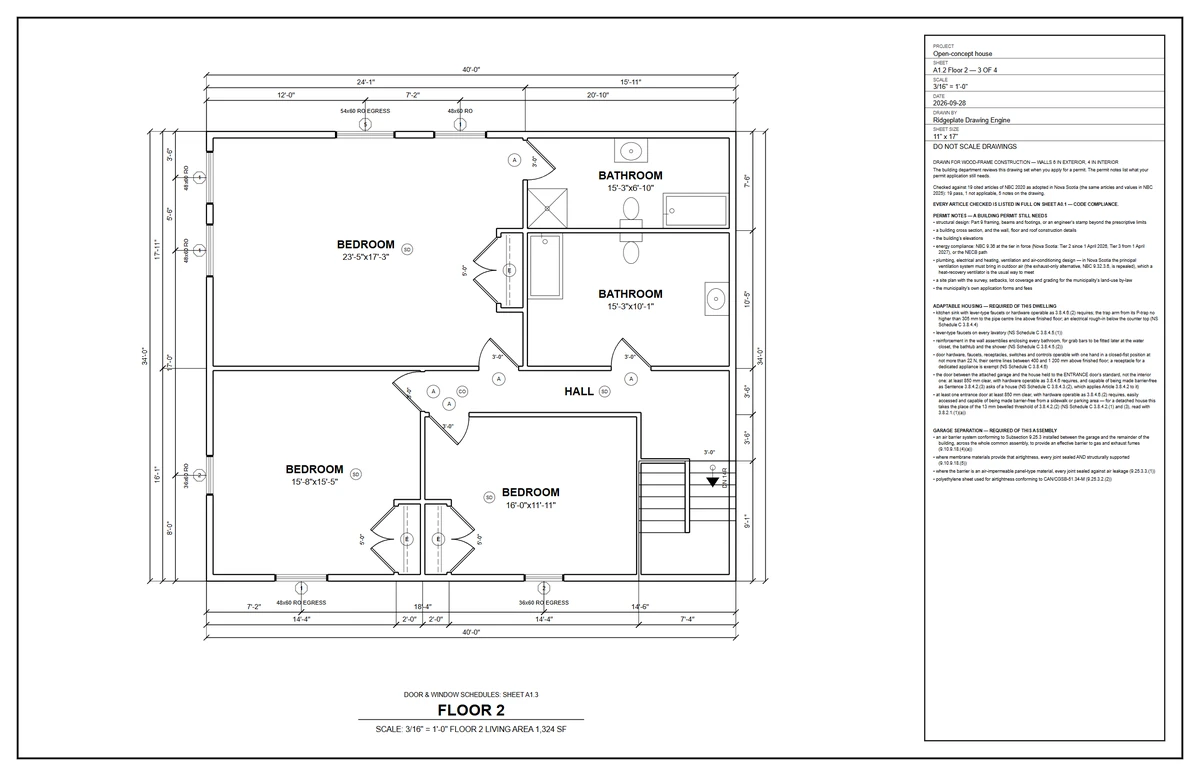 Floor 2 plan of a 40 by 34 ft two-floor house: three bedrooms, the primary with its own bathroom, and a second bathroom